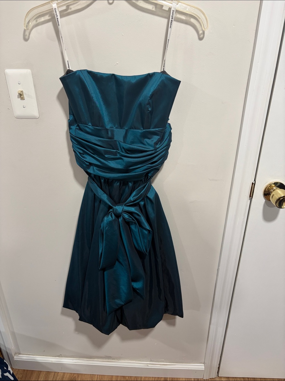 David's Bridal Teal Strapless Satin Cocktail Dress with Waist Bow
